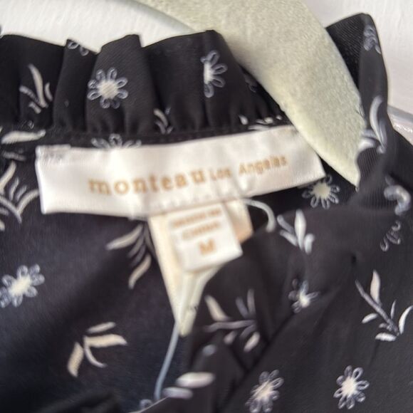 NWT MONTEAU BLACK DITSY FLORAL JUMPSUIT CROPPED MEDIUM RUFFLE - Picture 4 of 11